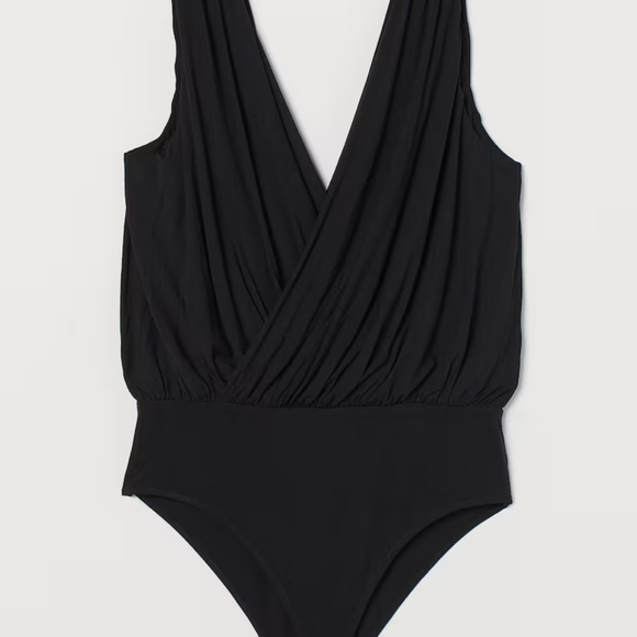 CAMEO ROSE - Black Deep V Ruched Plunging Neck Bodysuit Jumpsuit Sexy Plus Size - Picture 5 of 6